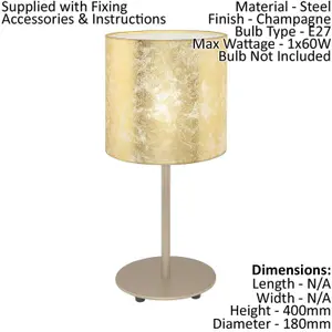 Table Lamp Champagne Slim Stem Round Base Shade Gold Fabric Bulb E27 1x60W