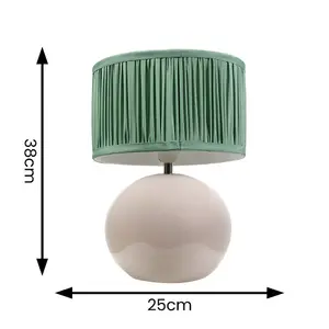 ValueLights Bosco Stone Ceramic Table Lamp with Ruched Pleated Green Fabric Drum Lamp Shade and LED Bulb