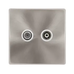 Brushed Steel Screwless Plate Satellite And Isolated Coaxial 1 Gang Socket - White Trim - SE Home