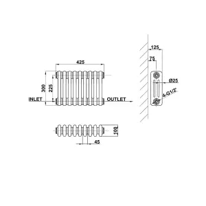 Horizontal White Triple Column Radiator (H) 300mm x (W) 425mm, 1320 BTU.