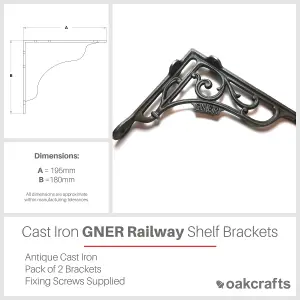 Oakcrafts - Pair of Antique Cast Iron 'GNER' Railway Victorian Style Shelf Brackets - 195mm x 180mm