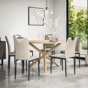 Malvern Round Dining Table And Chairs -  Oak Table Top w Solid Oak Legs + Monza Fabric Dining Chair Set Of 6 (Beige)