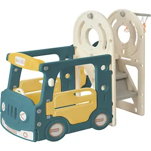 4-in-1 Kids Slide Set including Bus, Slide, Activity Ladder, Basketball Hoop and Matching Basketball