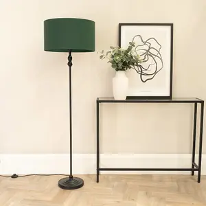 ValueLights Maggie Black Metal Candlestick Floor Lamp with Forest Green Fabric Lamp Shade and LED Bulb