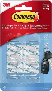 Command Clip Strips Clear Mini Hooks with Clear Strips, 17006CLR-P, 6 Hooks & 8 Strips