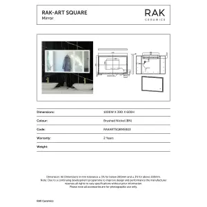 RAK Art Square 600x1000mm Brushed Nickel Square with Touch Sensor Illuminated Mirror IP44