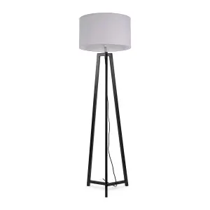 ValueLights Lottie Black Wood Tripod Floor Lamp with Grey Drum Shade - LED Bulb Included