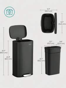 SONGMICS Kitchen Bin 30L, Pedal Bin, Rubbish Bin With Soft-Close Lid And Inner Bucket, Steel, Black