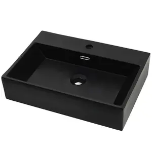 Basin with Faucet Hole Ceramic Black 60.5x42.5x14.5 cm