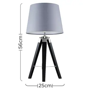 ValueLights Clipper Modern Black Wood and Silver Chrome Tripod Table Lamp with Grey Light Shade