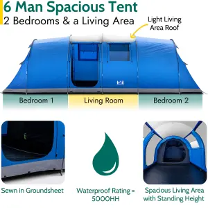 Trail Large Tunnel Tent 6 Man 2 Bedroom Family Camping Waterproof Sewn In Groundsheet