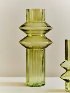 Interiors by Premier Large Green Spindle Glass Vase, Multi-Tiered Design Tall Vase, Ribbed Glass Vase, Smoked Glass Green Vase