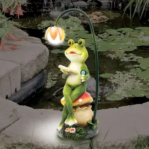 GardenKraft 10949 Solar Powered Light-Up Frog Reading On A Mushroom Garden Ornament