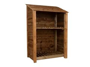 Wooden log store with kindling shelf W-119cm, H-180cm, D-88cm - brown finish