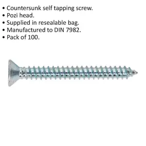 100 PACK 4.2 x 38mm Self Tapping Countersunk Screw - Pozi Head - Fixings Screw