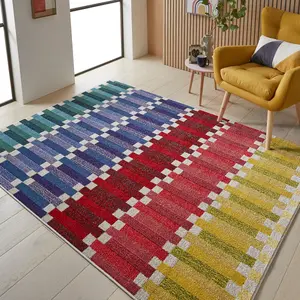 Multi Geometric Chequered Easy to Clean Modern Rug For Dining Room-80 X 240cmcm (Runner)