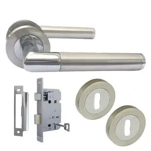 Straight Lever Rose Door Handles, Mitred Key Lock Escutcheon Set Chrome Satin