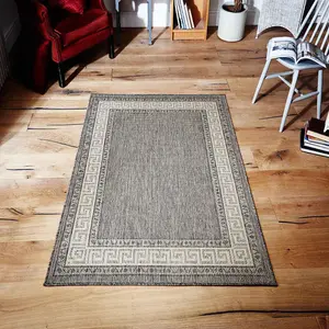 Flatweave Bordered Grey Anti Slip Traditional Rug for Living Room, Bedroom and Dining Room-120cm X 160cm