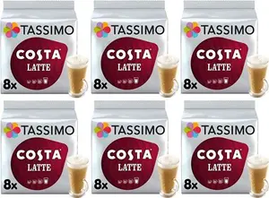 Tassimo Costa Latte Coffee Pods 16 Discs, 8 Servings (Pack Of 6, Total 96 Discs, 48 Drinks)