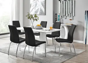 Imperia White High Gloss 6 Seater Dining Table with Structural 2 Plinth Column Legs 6 Black Stitched Faux Leather Isco Chairs