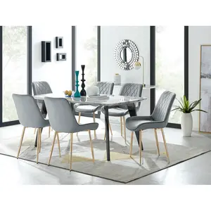 Anders Modern High Gloss Marble Effect Dining Table Set with 6 Luxury Velvet Dining Chairs Grey/Gold