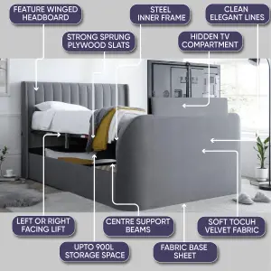 Grey Velvet Ottoman TV Bed With Storage and Hybrid Mattress