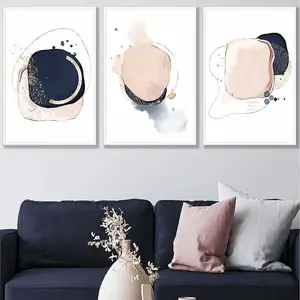 Set of 3 Framed Abstract Navy Blue and Blush Pink Wall Art Prints / 50x70cm / White Frame