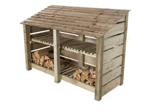 Slatted wooden log store with kindling shelf W-187cm, H-126cm, D-88cm - natural (light green) finish