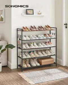 SONGMICS Shoe Rack, 2-Tier Shoe Organizer, Metal Shoe Shelf Storage with 4 Side Hooks, Holds 10 Pairs of Shoes