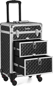 SONGMICS Make Up Trolley, Cosmetic Case, Beauty Case, Hairdressing Case, with 4 Removable Universal Wheels, Top with 3 Levels, Dra