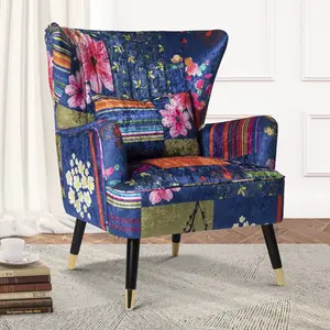 Fabric Purple Patchwork Victoria Accent Wingback Chair