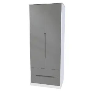 Turin 2 Door 2 Drawer Wardrobe in Grey Gloss & White (Ready Assembled)