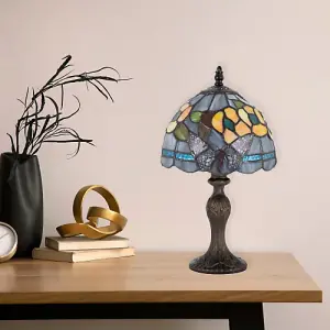 Purple Stained Glass Butterfly Tiffany Lamp with Amber Roses and Sky Blue Strips