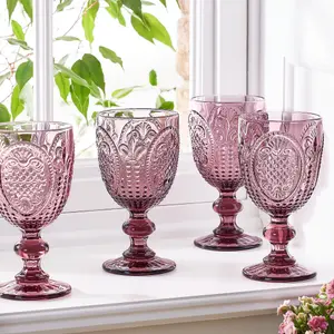 Set of 6 Vintage Luxury Pink Embossed Drinking Wine Glass Wine Goblets 310ml