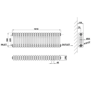 Horizontal White Triple Column Radiator (H) 300mm x (W) 1010mm, 3190 BTU.