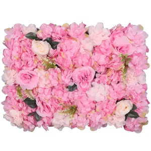 Artificial Flower Wall Backdrop Panel, 60cm x 40cm, Rose Pink with Leaves