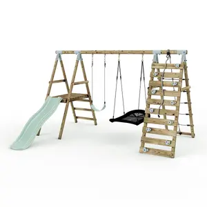 Limited Edition Rebo Wooden Double Swing Set with Slide plus Up and Over Climbing Wall - Quartz - Pastel Green