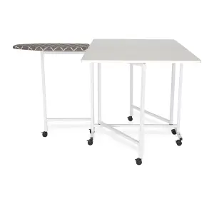 Millie Folding Cutting Table with Integral Ironing Board in White