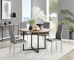 Adley Brown Wood Effect And Black Round Dining Table with Storage Shelf and 4 Grey and Silver Milan Modern Faux Leather Chairs