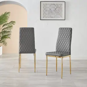 Set of 6 Milan Elephant Grey High Back Soft Touch Diamond Pattern Faux Leather Golden Chrome Metal Leg Dining Chairs