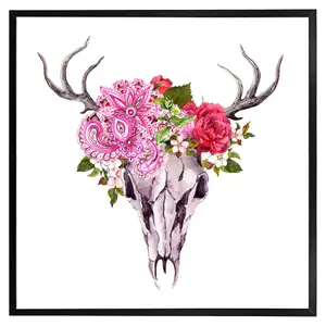 Deer animal skull with flowers and feathers (Picutre Frame) / 20x20" / Grey