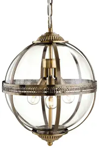 Luminosa Mayfair 3 Light Spherical Ceiling Pendant Antique Brass, Clear Glass, E14