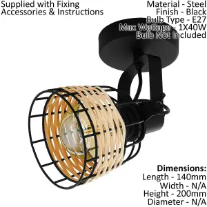 Wall / Ceiling Light Black & Wicker Adjustable Spotlight 1 x 40W E27 Bulb