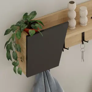 Decortie Modern Eleva Wall-Mounted Hanger Oak, Anthracite Engineered Wood with 4 Black Metal Hooks 74(D)x15.7(D)x26(H)cm