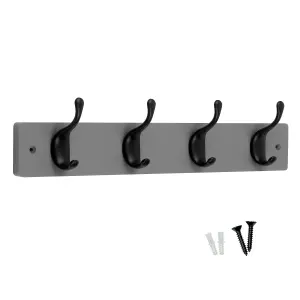 keypak 4 Matte Black Coat Hooks on Grey Wooden Board - 46cm Modern Wall Mounted Coat Rack Clothes Hanger