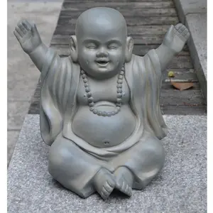 Buddha Statue Indoor and Outdoor, Moss Washed Stone Effect Feng Shui Ornament, Laughing Buddha Baby Monk Figurine L35.5 W25.5 H31.5 cm