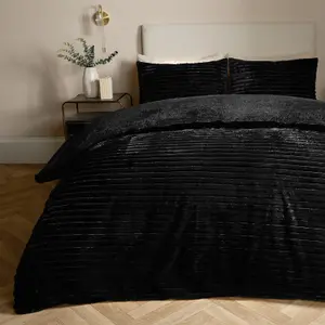 Faux Fur Ribbed Fleece Duvet Cover Bedding Set, Black - Double