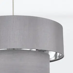 First Choice Lighting Easy Fit Staggered 3 Tier Grey Faux Silk Slub Fabric Shade with Chrome Board Inner