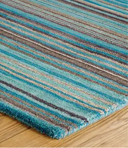 Handmade Easy to Clean Modern Striped Teal Wool Rug for Living Room & Bedroom-200cm X 285cm