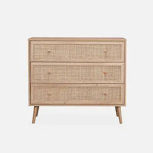 sweeek. 3-drawer chest with wood and cane effect Boheme Natural 90x39x79 cm